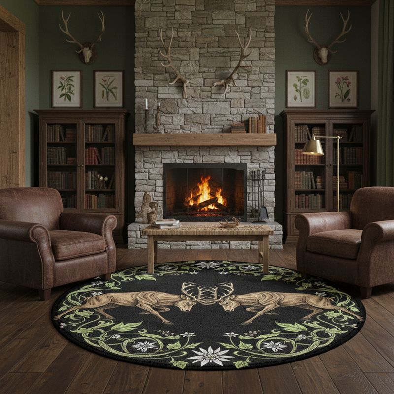 Round rug with deer and edelweiss design