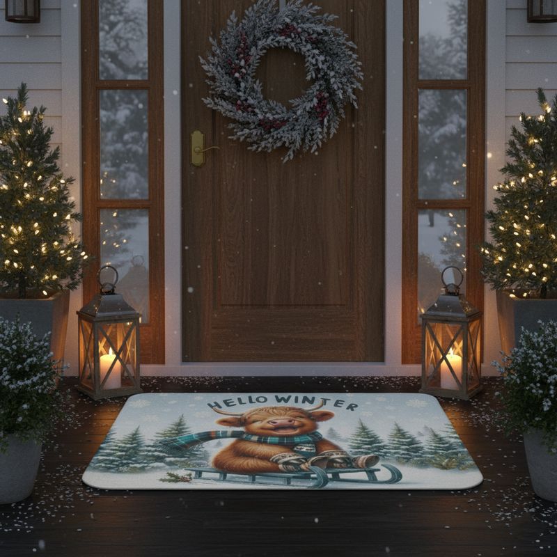 Highland cow on a sleigh doormat