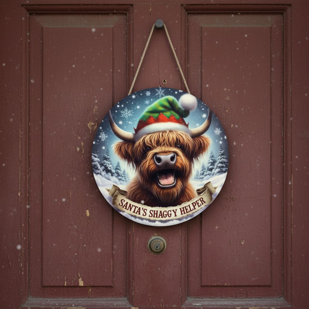 Santa’s Shaggy Helper Decorative Sign Highland Cow
