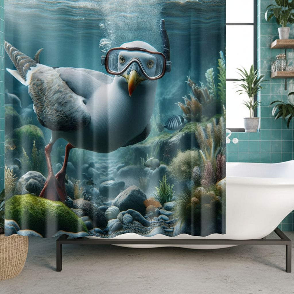 Funny seagull with diving goggles shower curtain