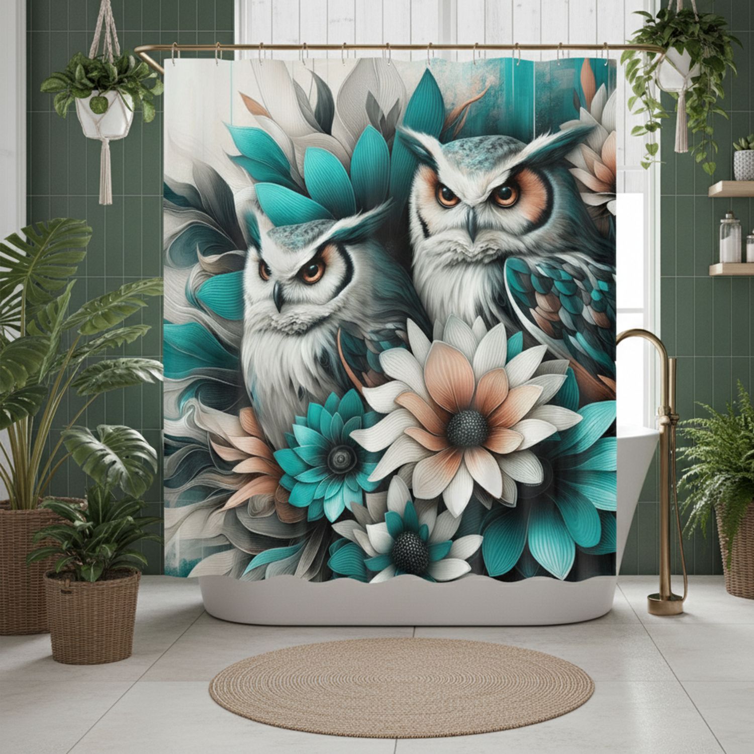 Turquoise Owls - Floral Shower Curtain