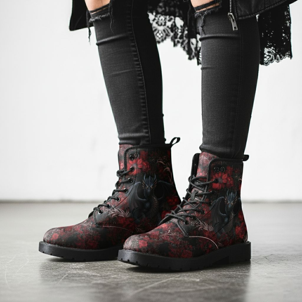 Dragon Roses – Fire Blossom Leather Boots