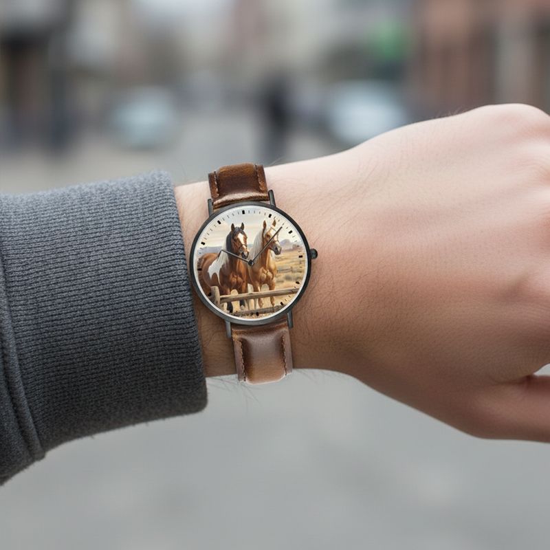 Western Horse Leather Wristwatch Black