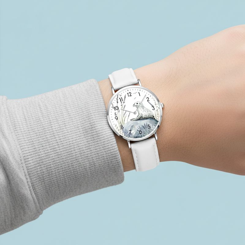 Cute seal leather wristwatch silver