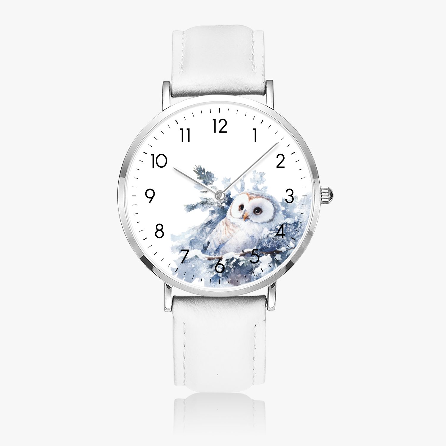 Snowy Owl Leather Wristwatch Silver