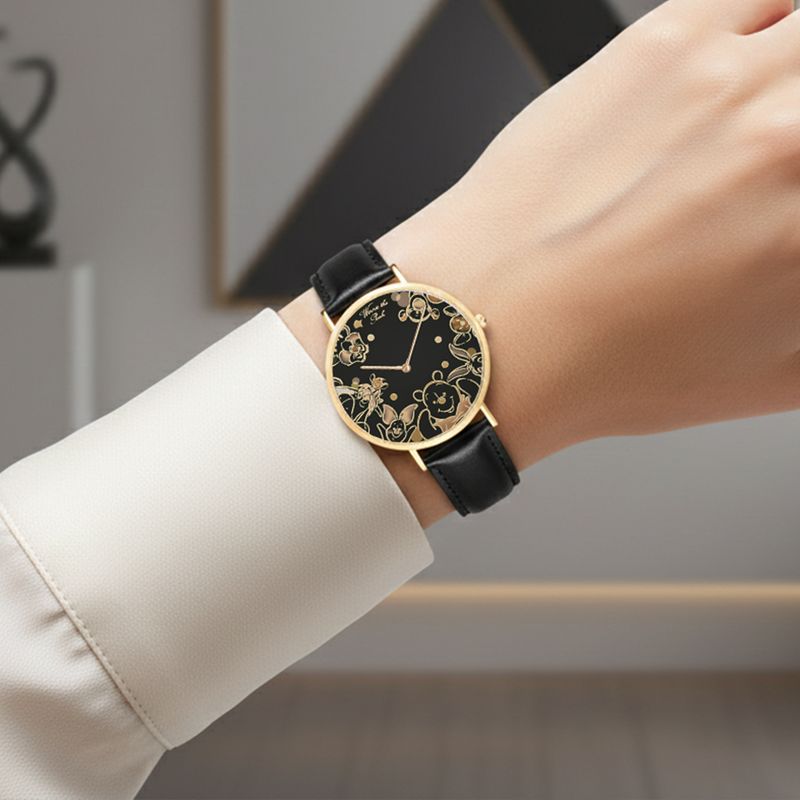 Elegant Winnie the Pooh leather wristwatch in rose gold