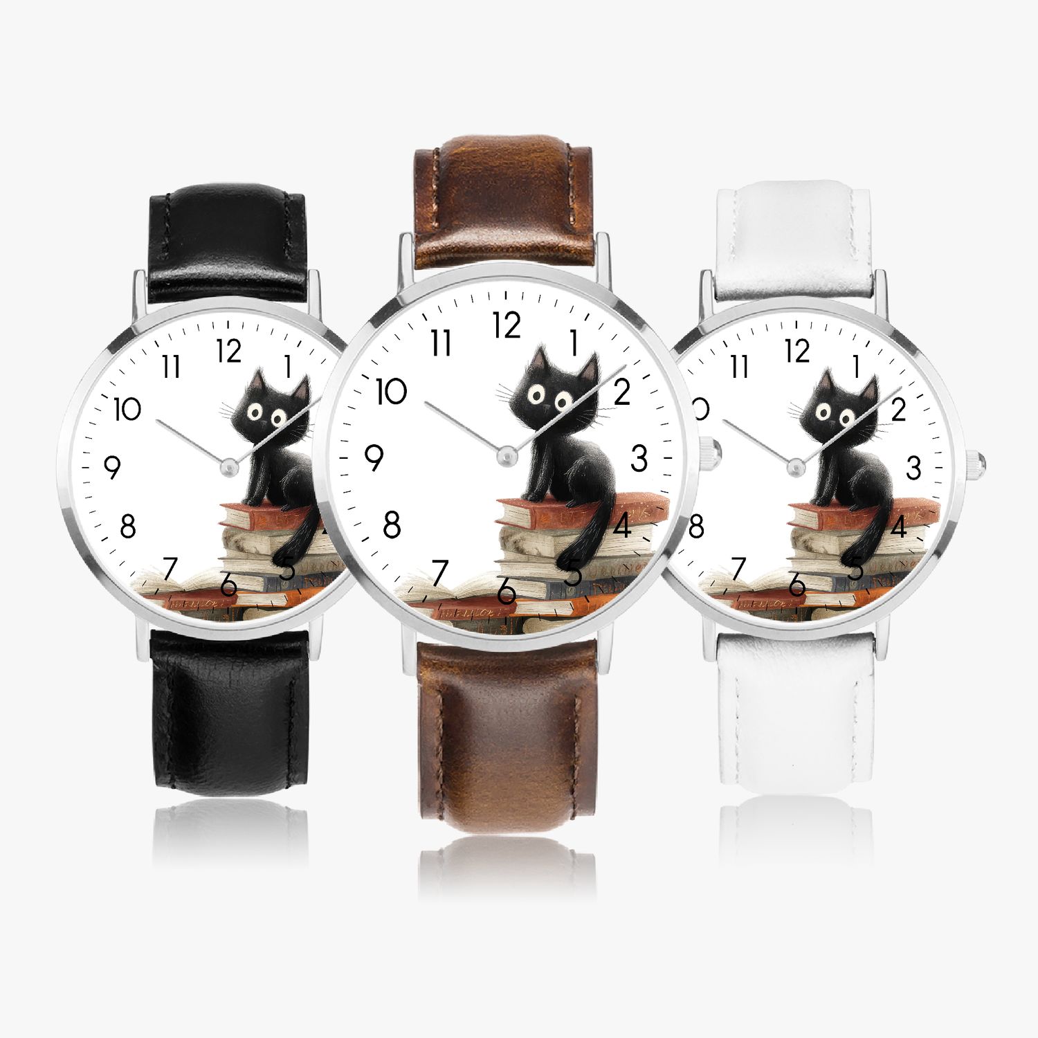 Cute Cat Leather Wristwatch Silver