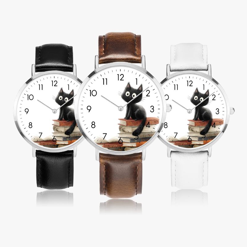 Cute Cat Leather Wristwatch Silver