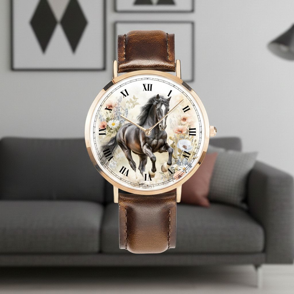 Floral horse motif leather wristwatch rose gold