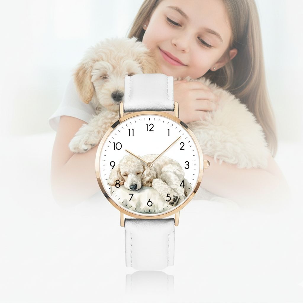 Adorable poodle motif leather wristwatch, rose gold