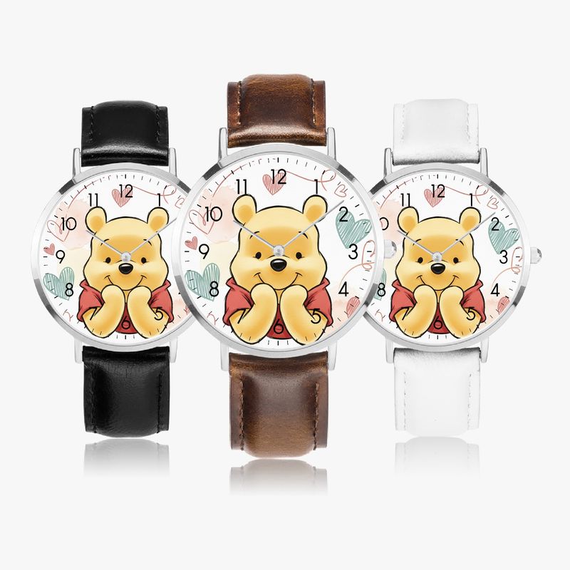Adorable Winnie the Pooh leather wristwatch, silver