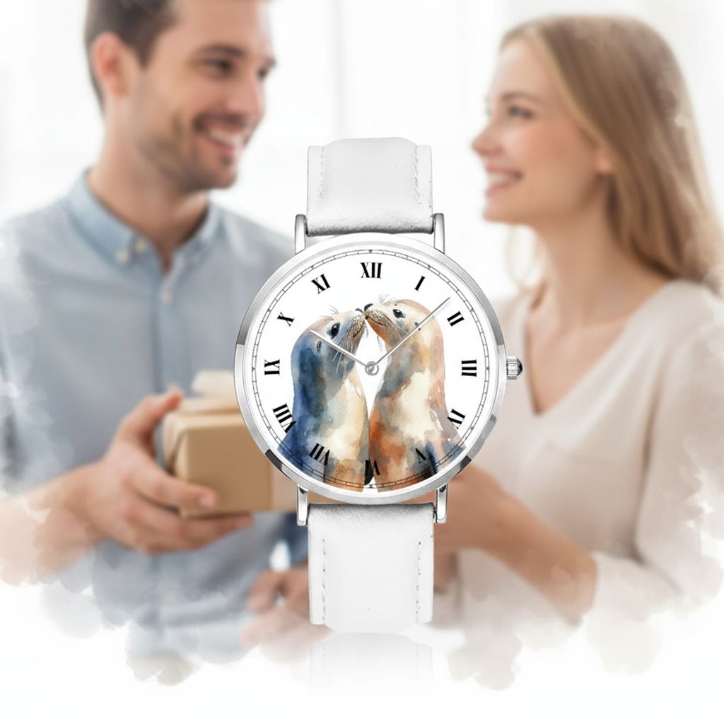 Cute seal motif leather wristwatch, silver
