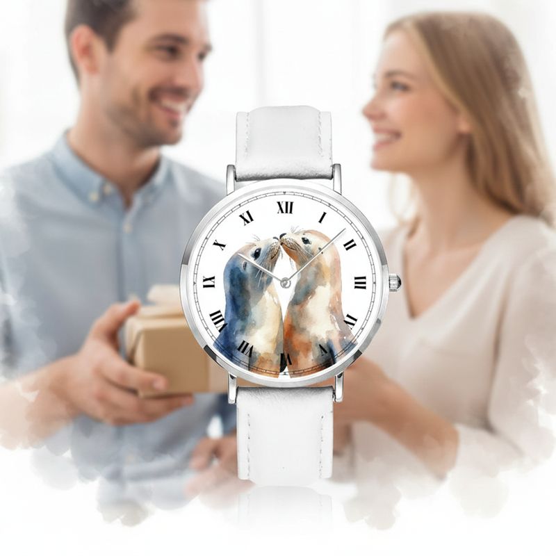 Cute seal motif leather wristwatch, silver