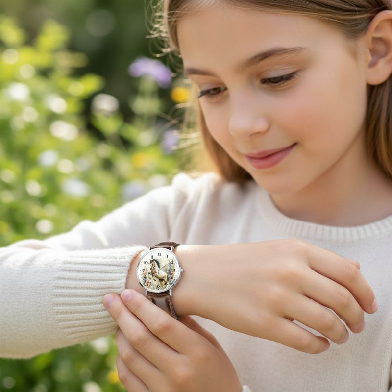 Horse in a flower field, leather wristwatch, silver