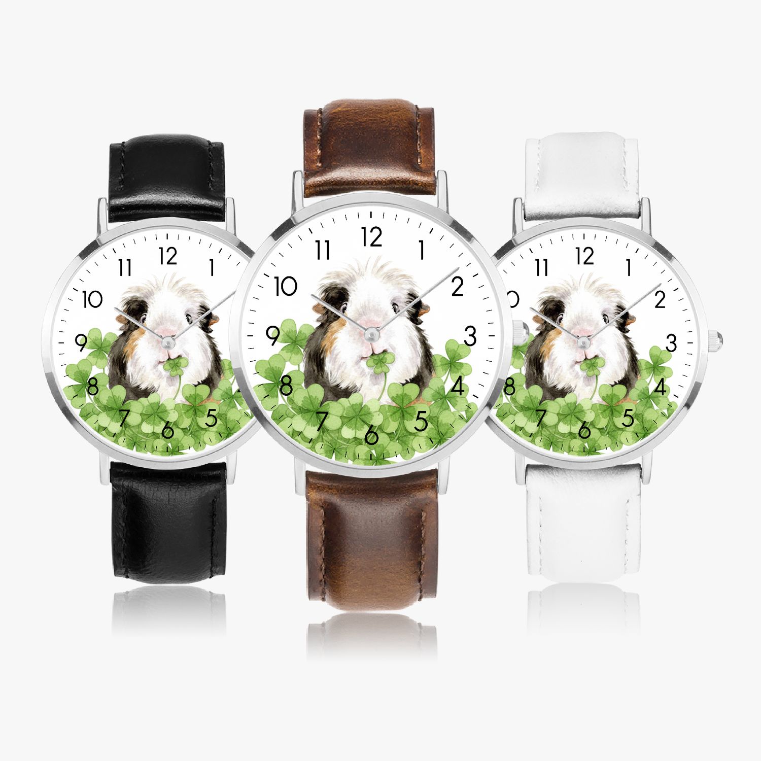 Guinea pig motif leather wristwatch, silver