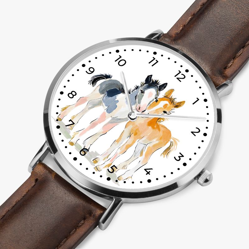 Foal motif leather wristwatch, silver