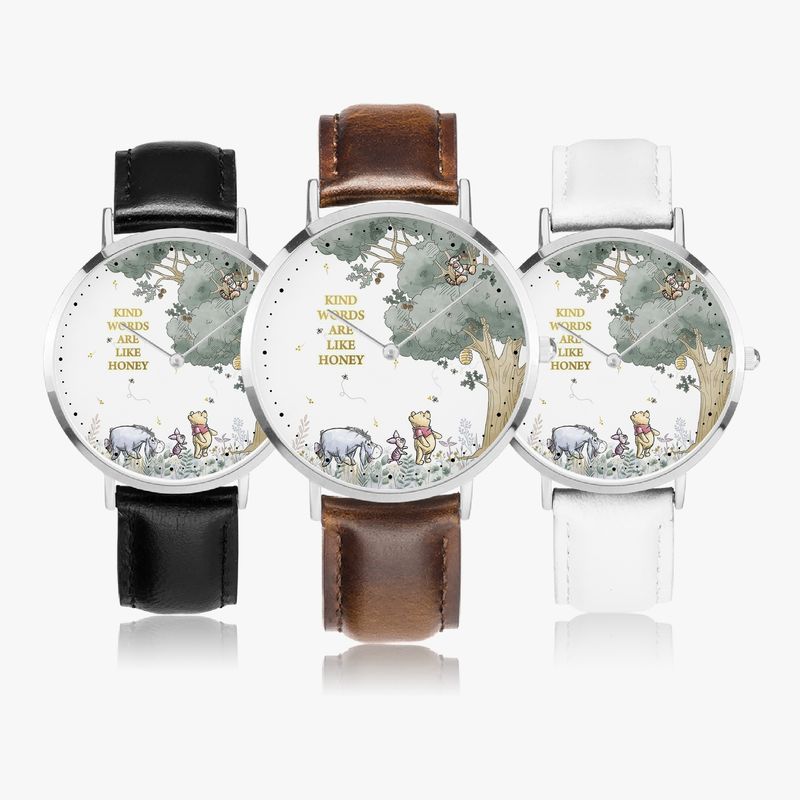 Winnie the Pooh "Kind Words Are Like Honey" Leather Watch Silver