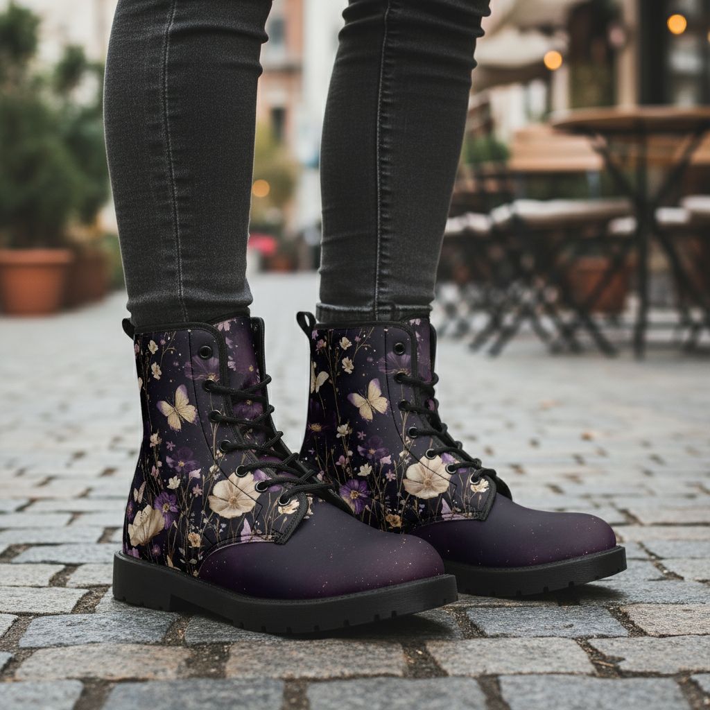 Paarse leren laarzen met bloemenmotief - Midnight Bloom
