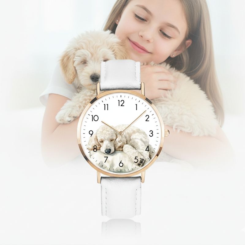 Zuckersüße Pudelmotiv Leder-Armbanduhr Rosegold