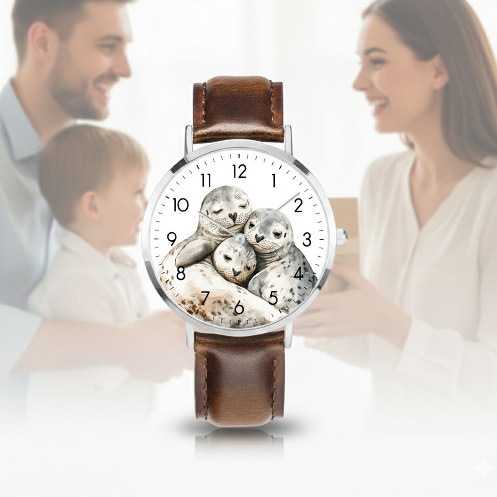 Cute seal leather wristwatch, silver