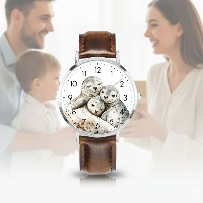 Süße Seehunde Leder-Armbanduhr Silber