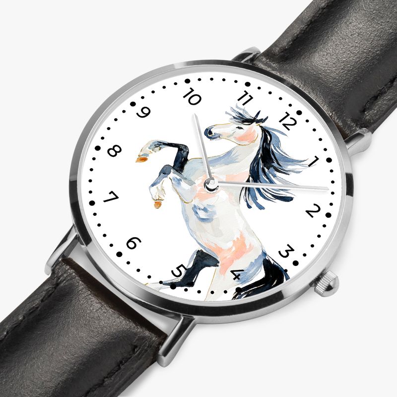 Watercolor horse motif leather wristwatch silver