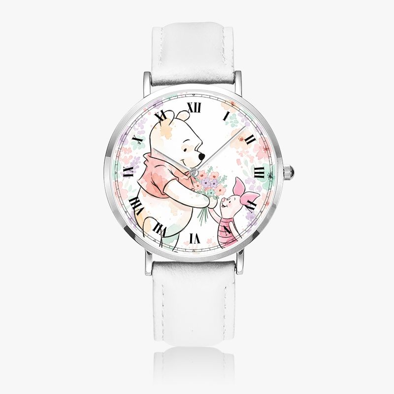 Winnie the Pooh and Piglet Leather Wristwatch Silver