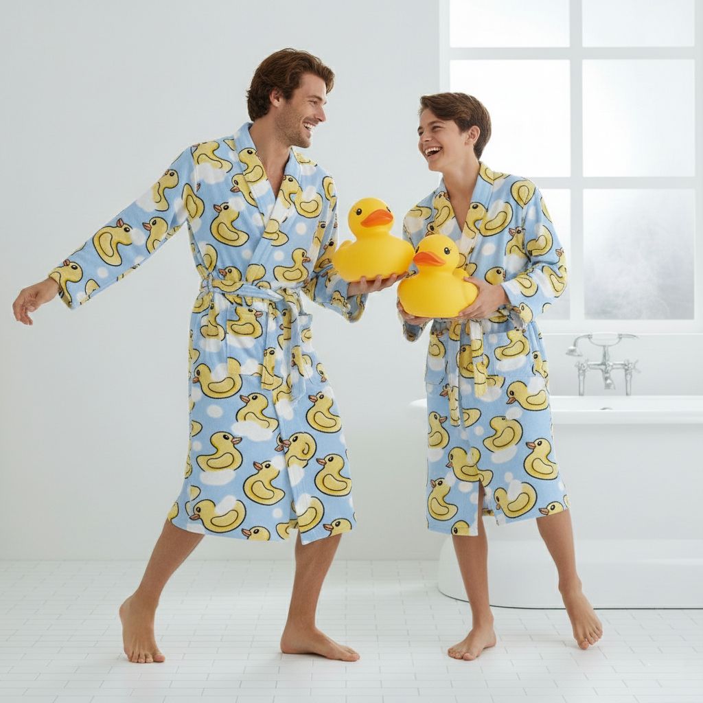 Grappige lichtblauwe badjas met rubberen eendje