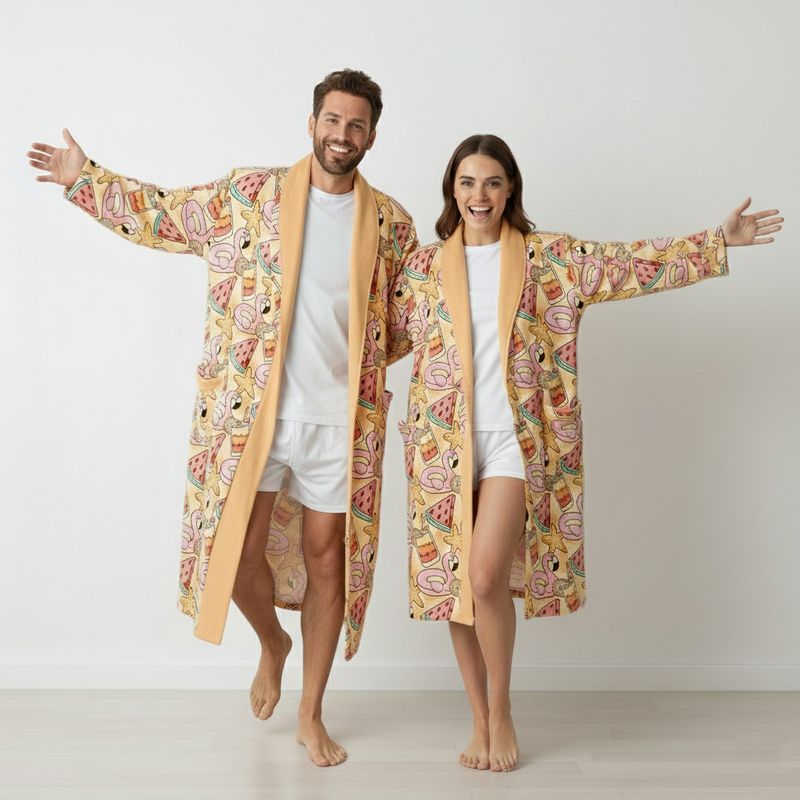 Summer-style bathrobe with melons and flamingos