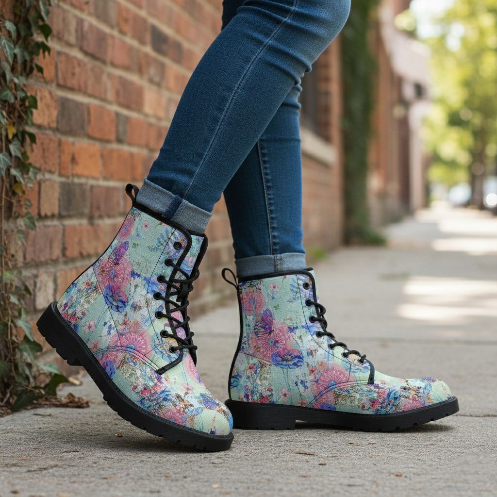 Boho floral leather boots with butterflies