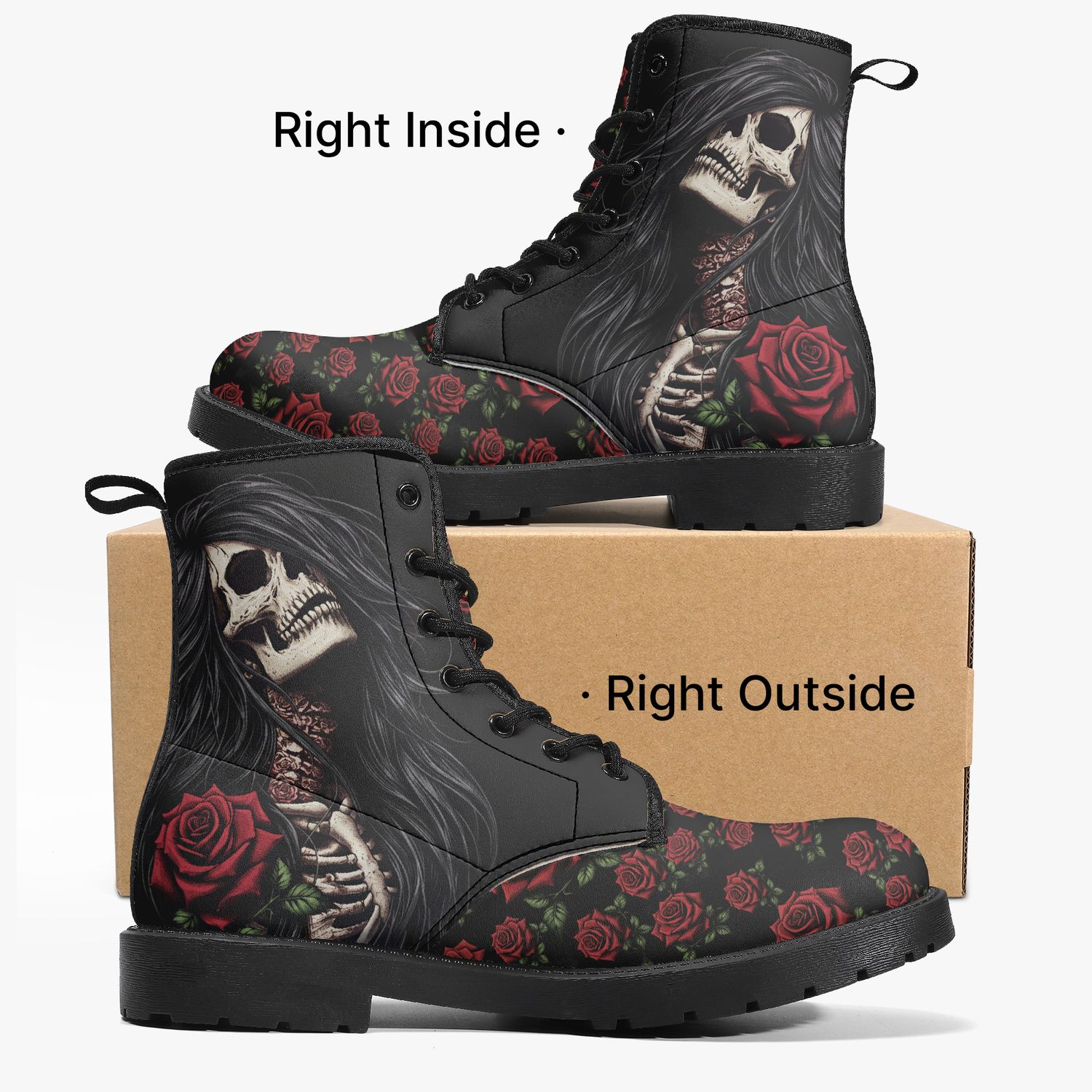 Gothic skeleton woman and red roses leather boots