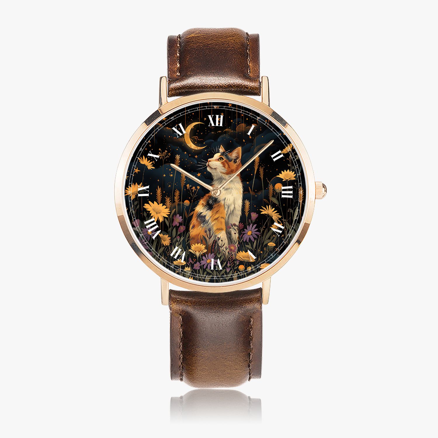 Watercolor horse motif leather wristwatch silver