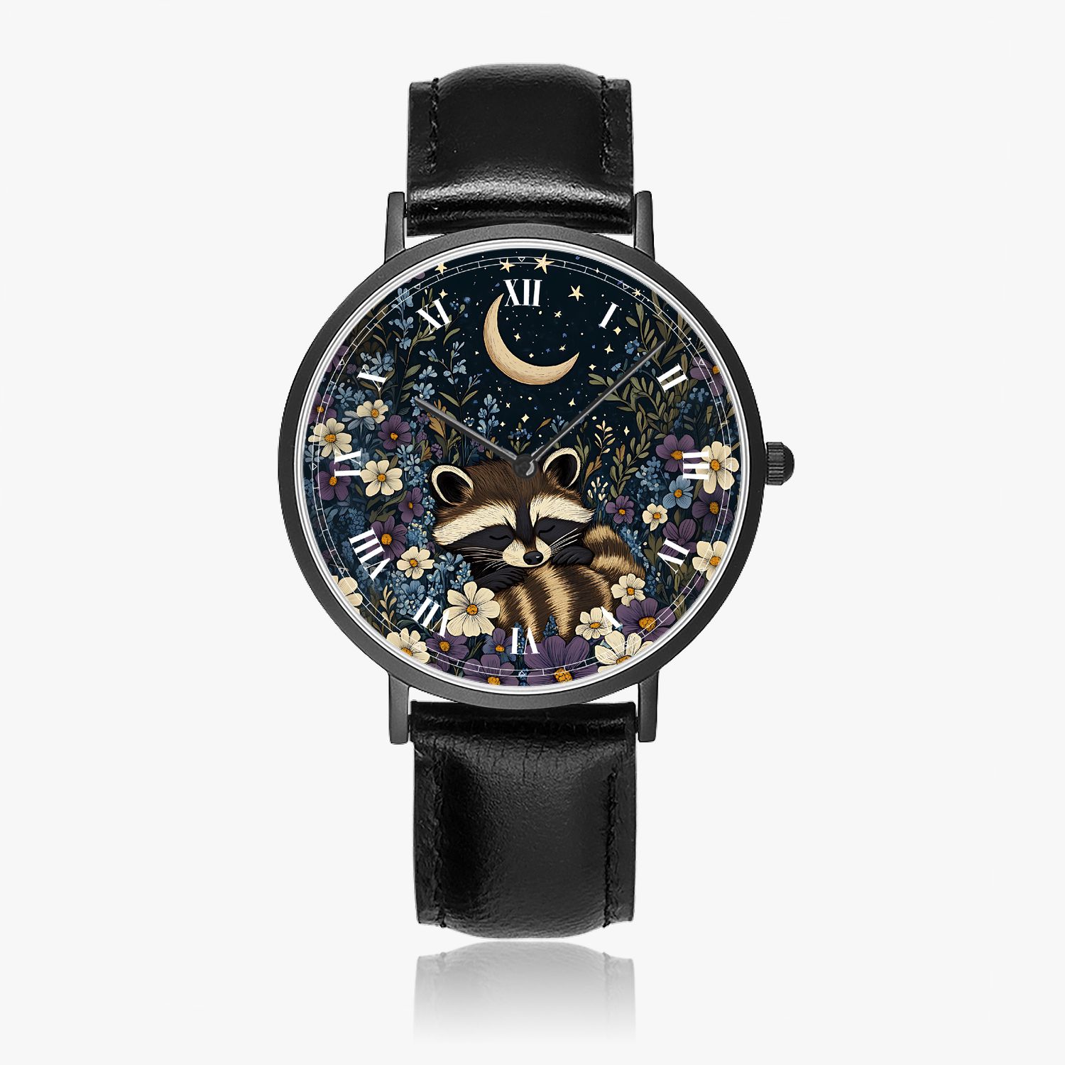 Floral raccoon motif leather wristwatch, black