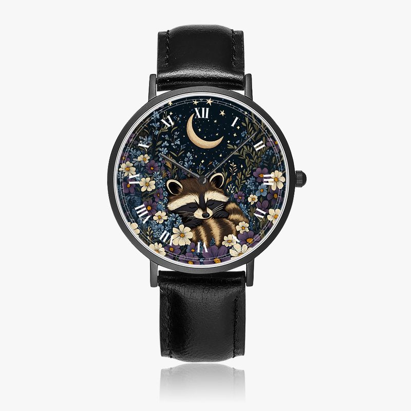 Floral raccoon motif leather wristwatch, black