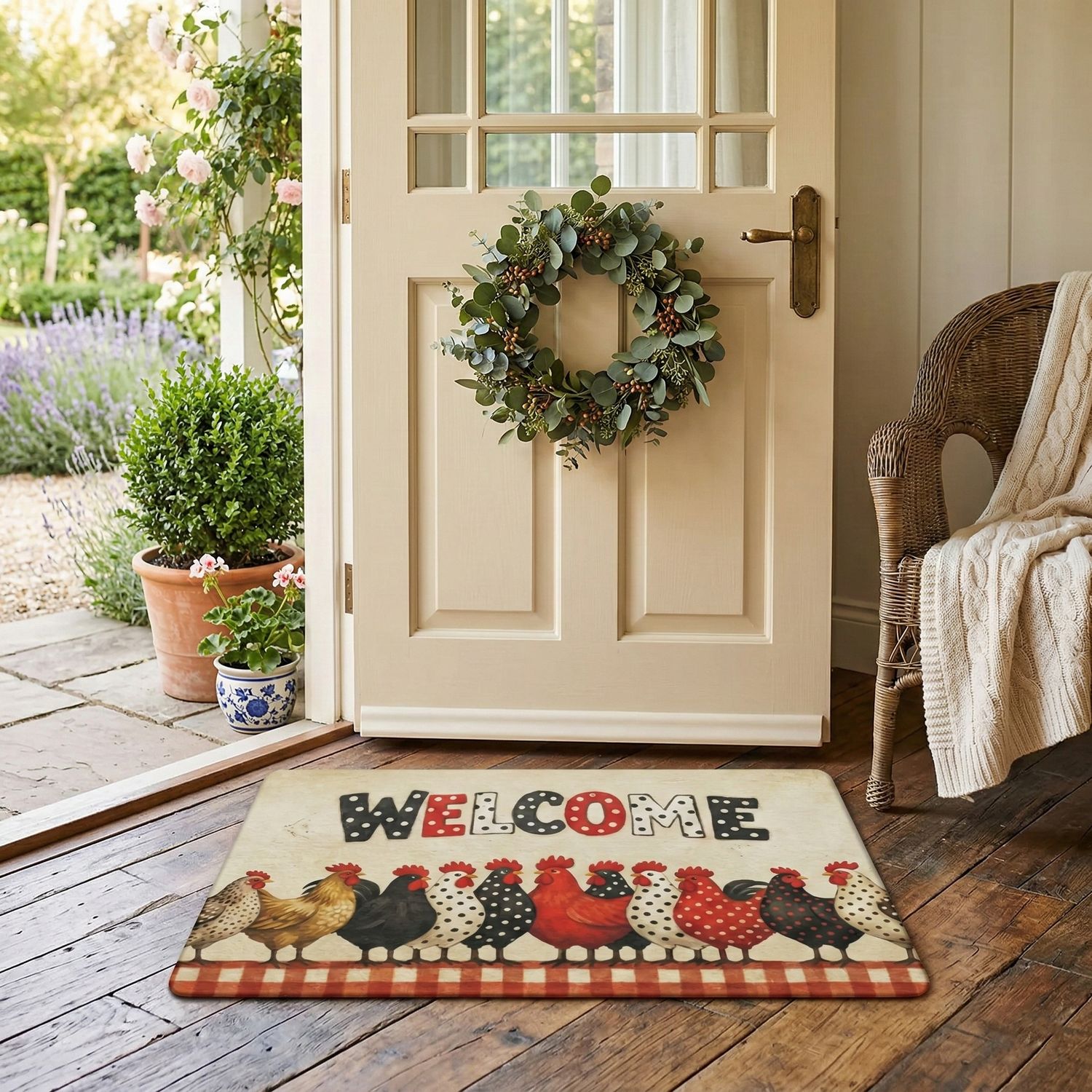 "Welcome" doormat with chickens