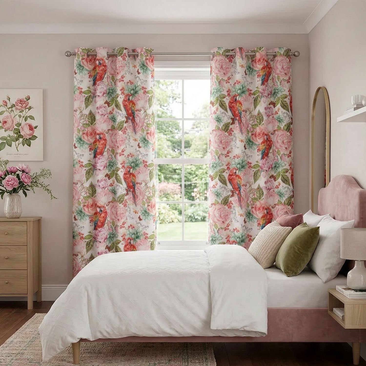 Blackout curtains with parrot and rose print