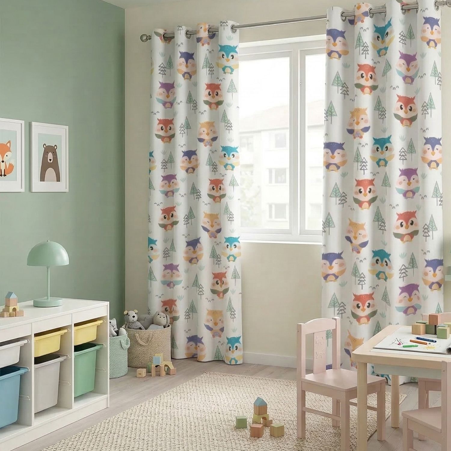 Blackout curtains, colorful owls &amp; fir trees
