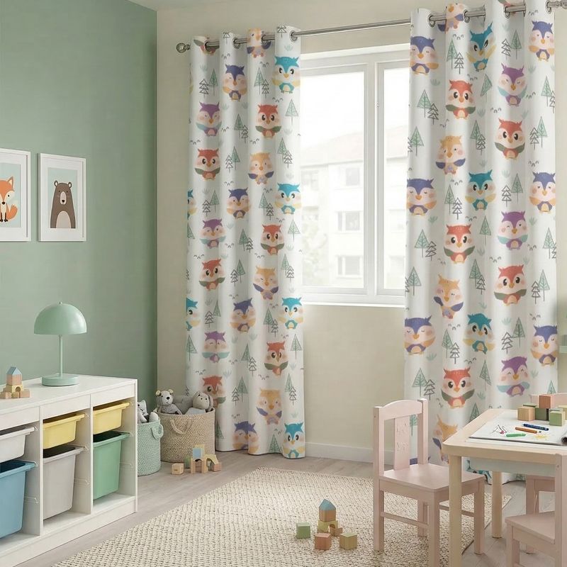 Blackout curtains, colorful owls &amp; fir trees