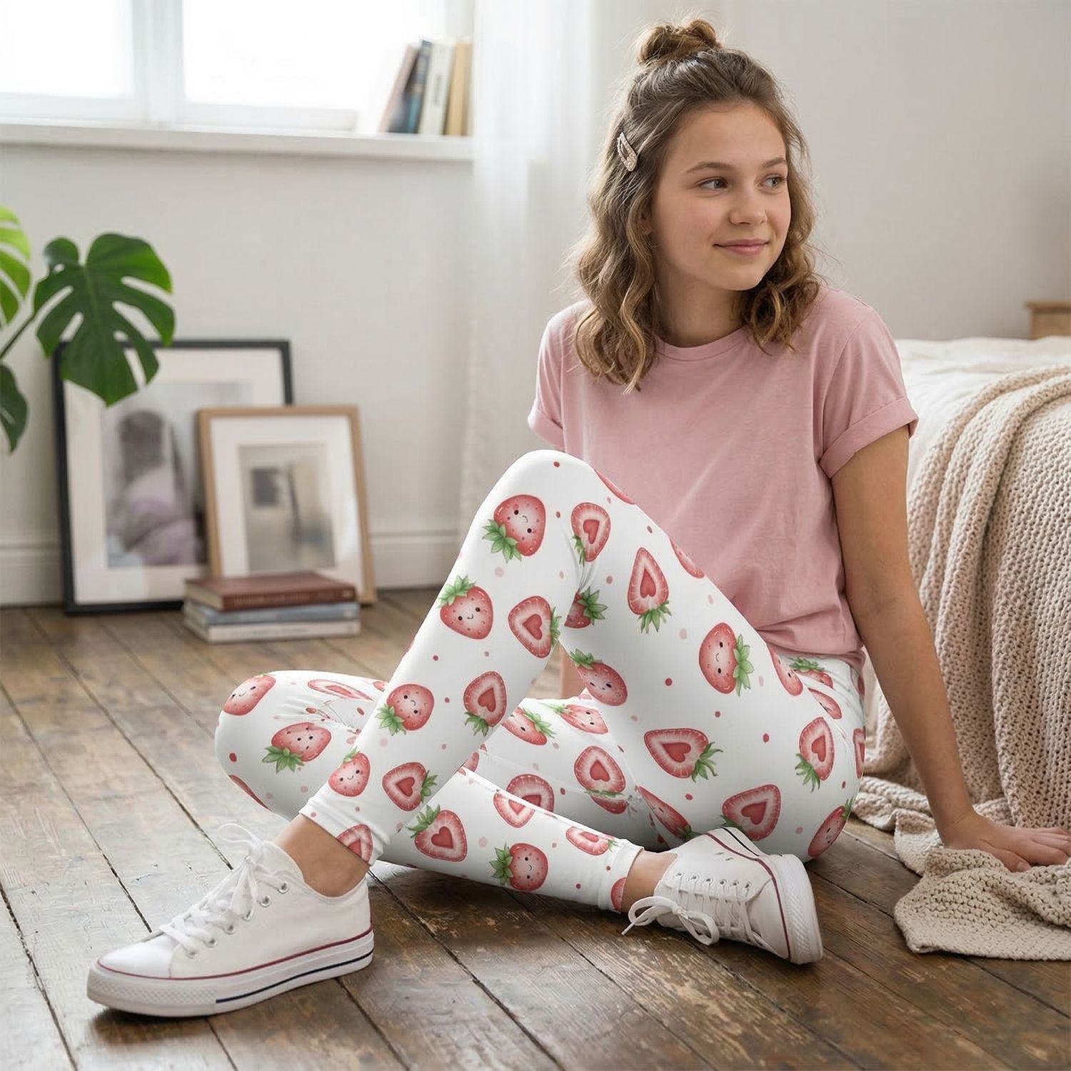 White Strawberry High-Waisted Leggings Strawberry Love