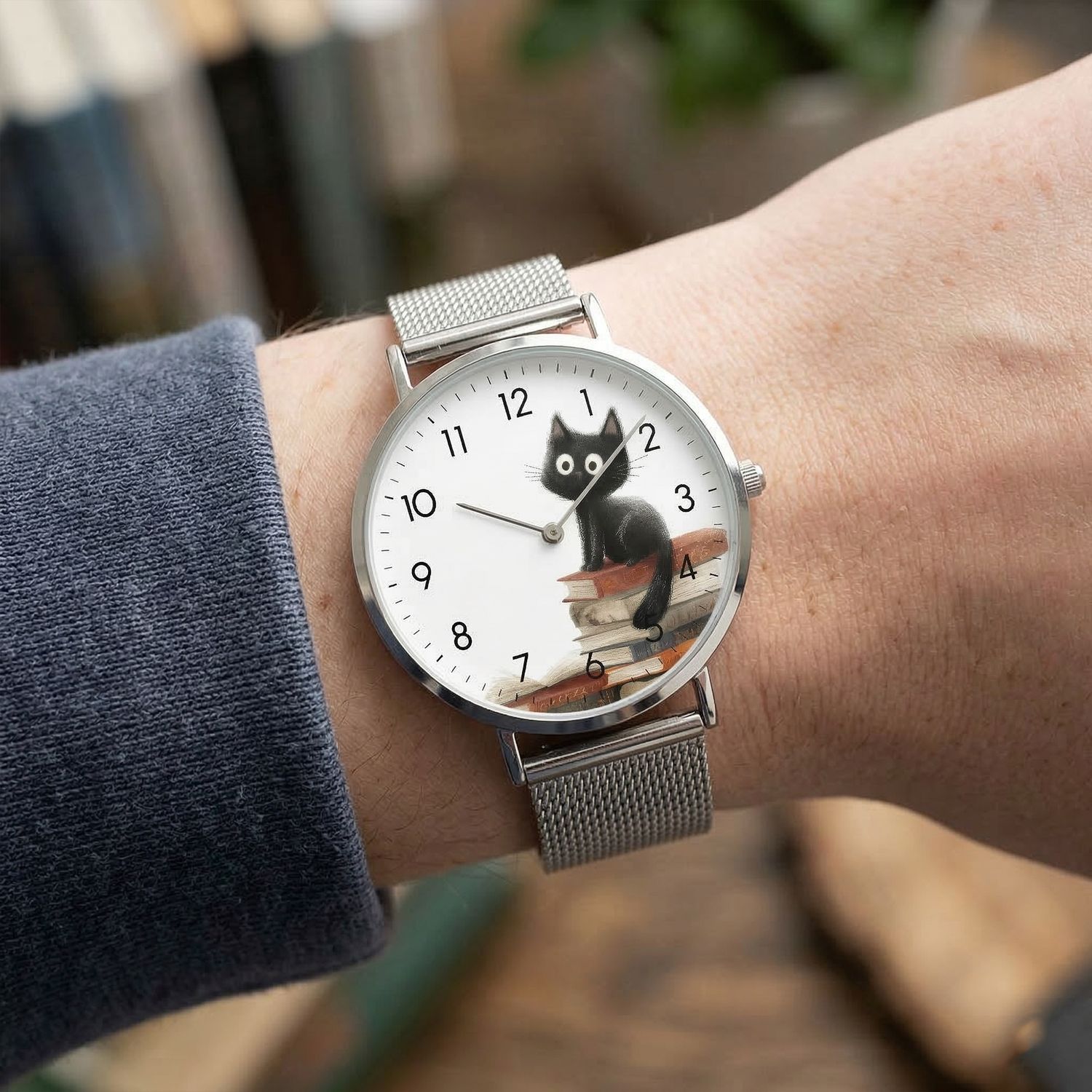 Beautiful wristwatch with a cute cat and book motif