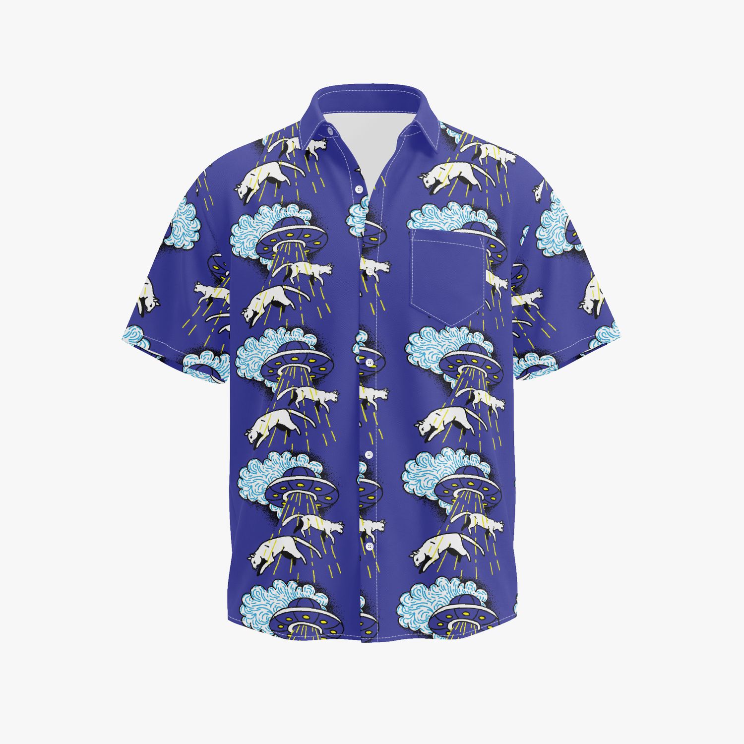 Blue Cat &amp; UFO Pattern Fun Shirt