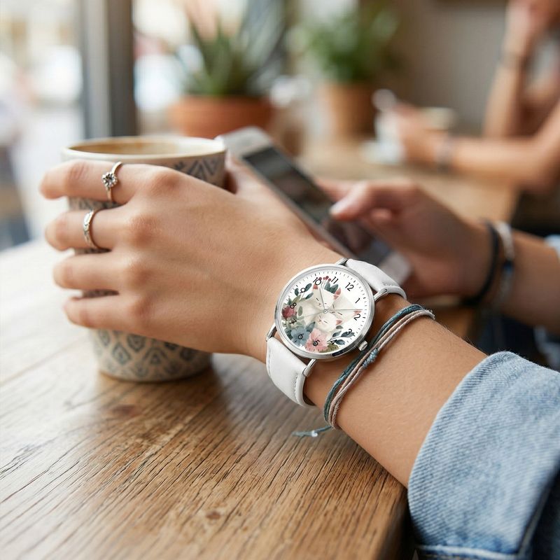 Cat-themed leather wristwatch, silver