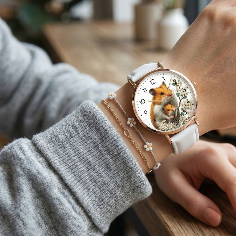 Hamster-themed leather wristwatch, rose gold