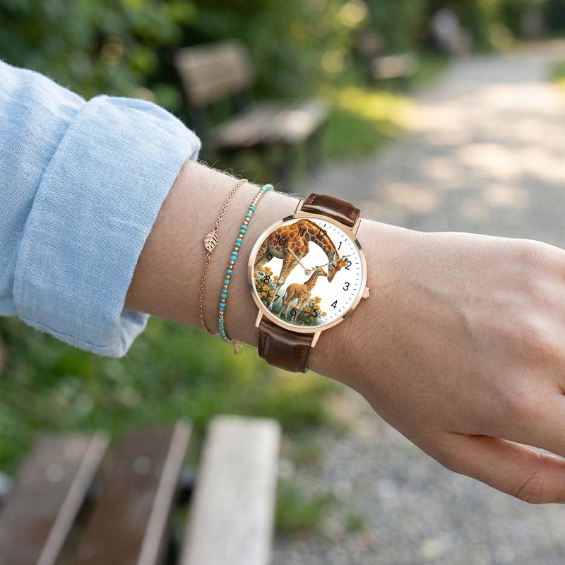 Giraffe motif leather wristwatch, rose gold