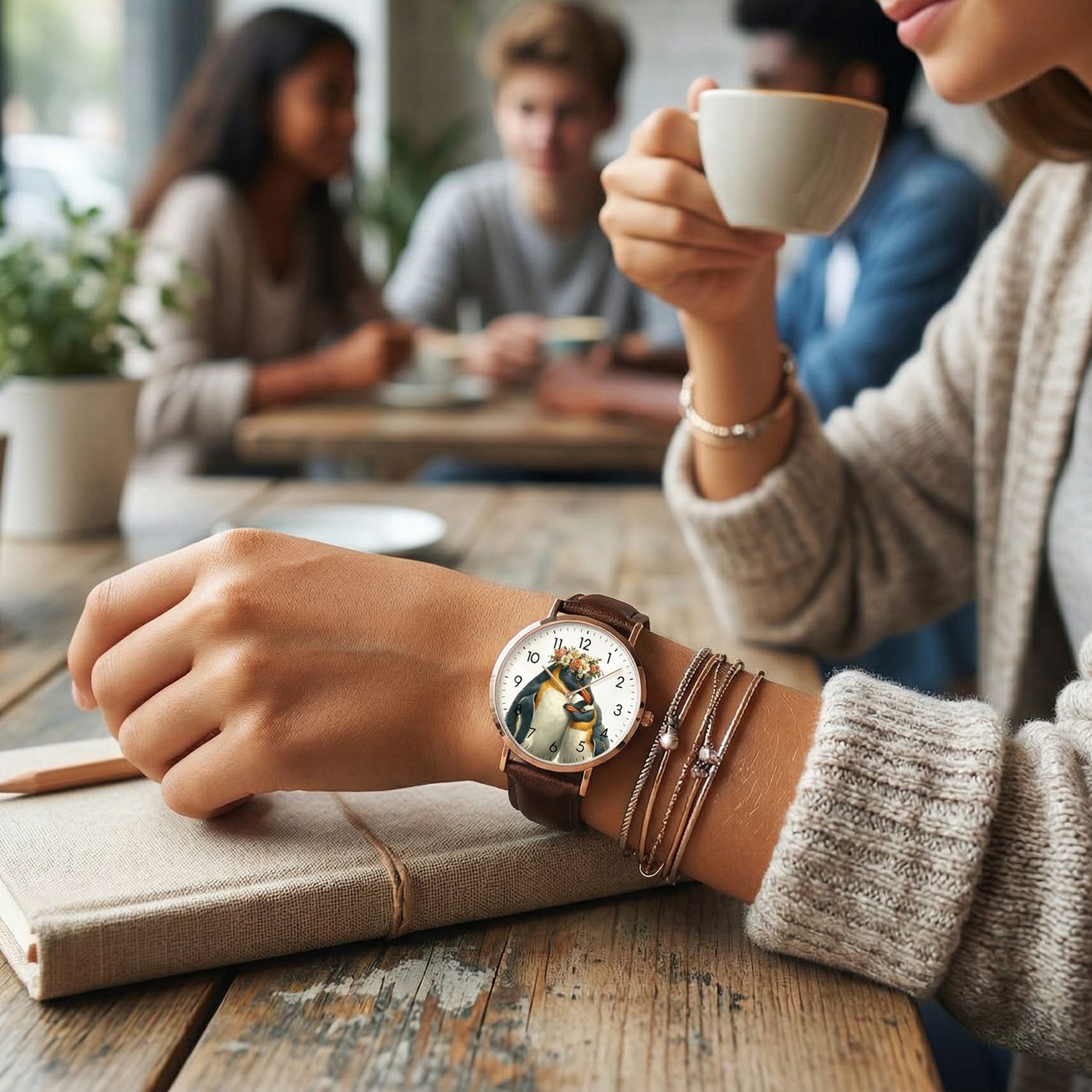 Penguin motif leather wristwatch, rose gold