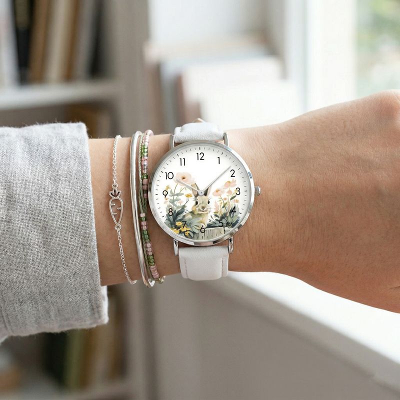 Rabbit motif leather wristwatch, silver