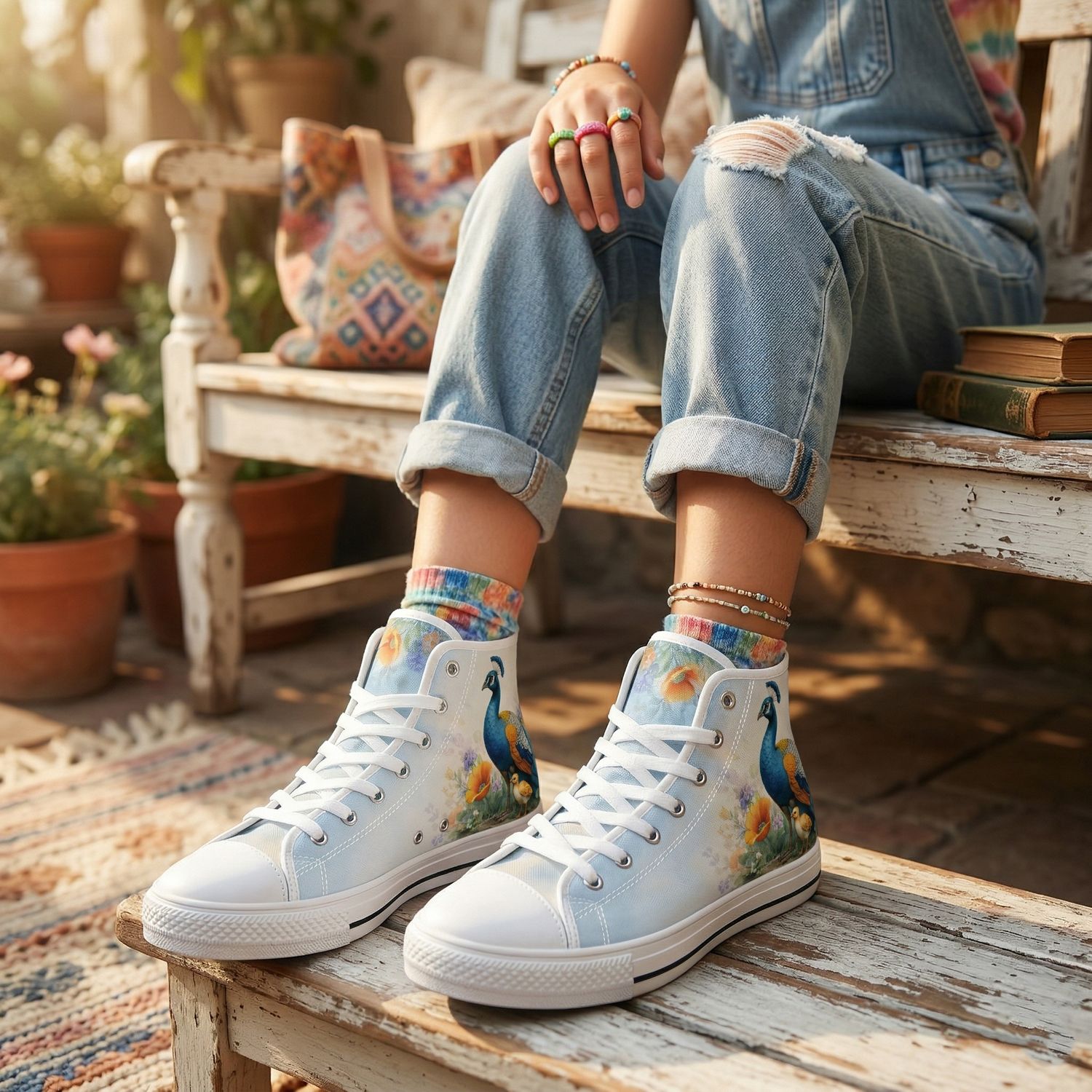 High-top canvas shoes with peacock motif