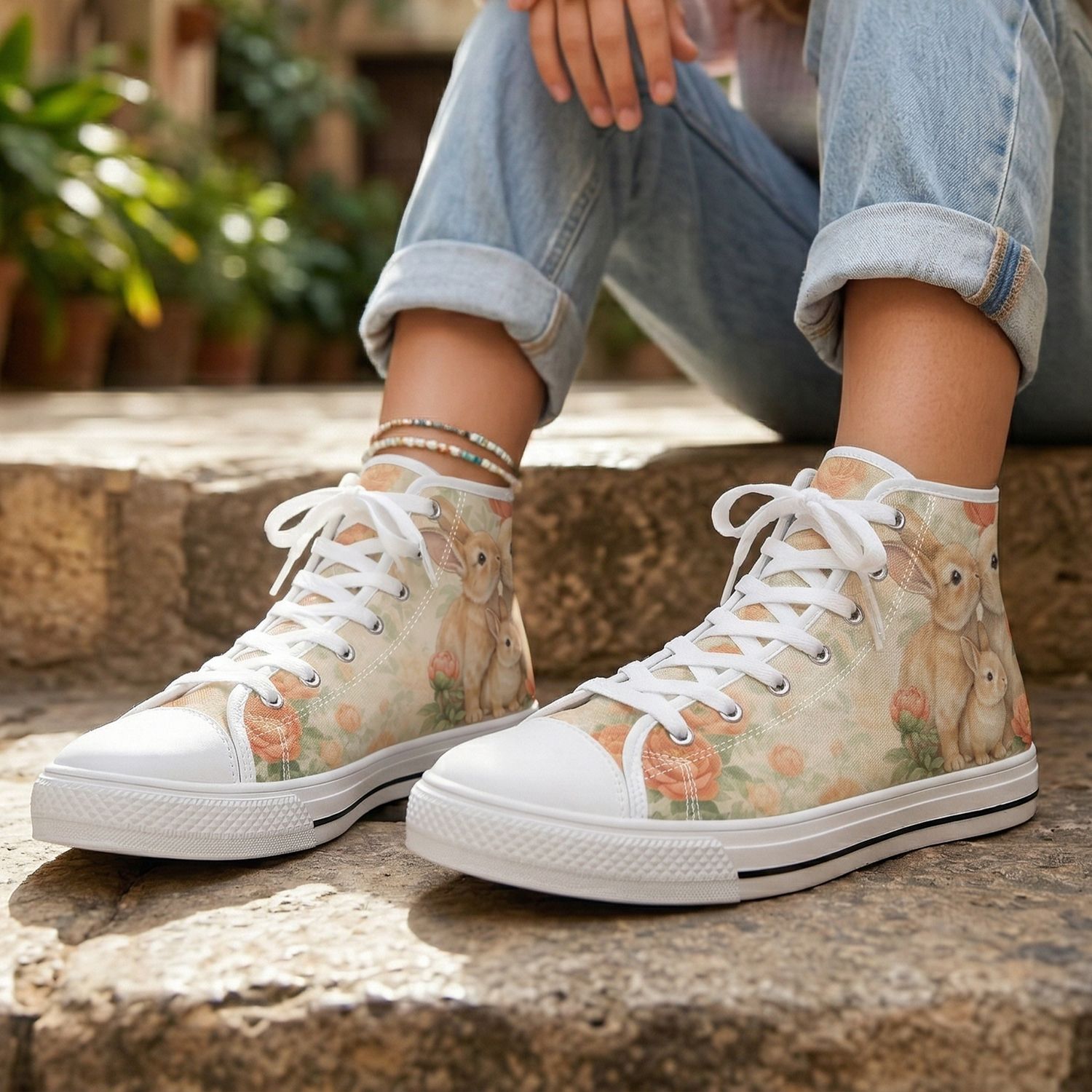 High-top canvas shoes with a cute bunny motif