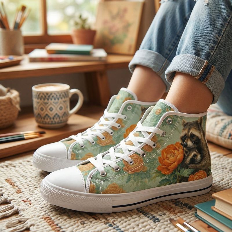 High-top canvas shoes with raccoon motif