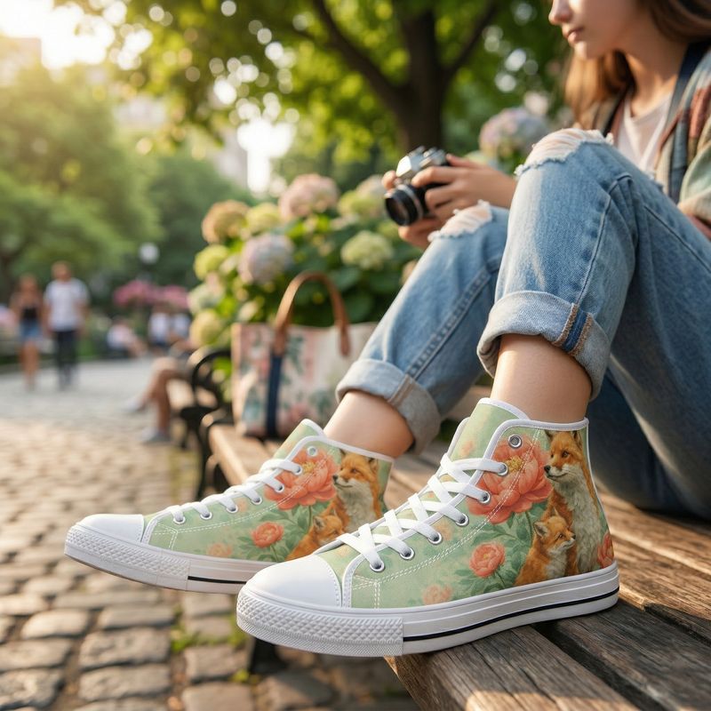 High-top canvas shoes with a charming fox design